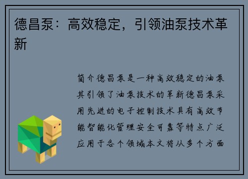 德昌泵：高效稳定，引领油泵技术革新