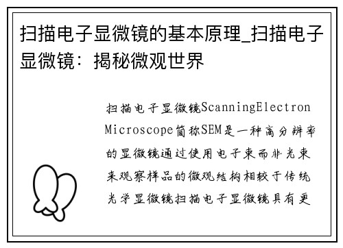 扫描电子显微镜的基本原理_扫描电子显微镜：揭秘微观世界